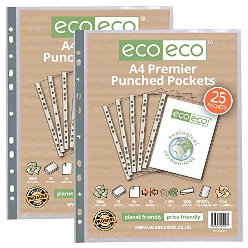 Image of eco-eco A4 100% Recycled Premier Multi Punched Pockets Glass Clear, Transparent Poly Wallet Sheet Protector, 90 Microns (Pack of 50), eco011x2