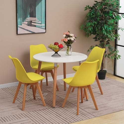 Image of YULU Round Dining Table and Chairs Set 4, Mid Century Modern PU Padded Seat Lounge Chairs and 90cm White Kitchen Table with Solid Wood Legs (Yellow)