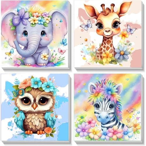 Image of 4 Pack Animal Paint by Numbers for Children with Wooden Frame-Elephant Giraffe Owl Zebra Paint by Numbers Kids Ages 4-8-12,DIY Painting by Numbers Acrylic Oil Canvas for Home Wall Decor(8X8inch)