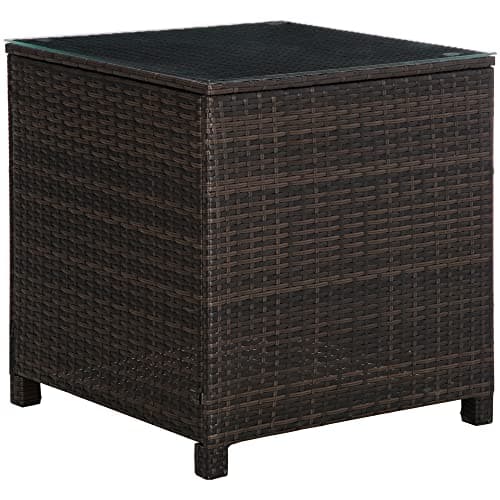 Image of Outsunny Patio PE Rattan Side Table, Square Outdoor Coffee Table w/Tempered Glass Top, Mixed Brown