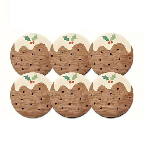Image of Christmas Pudding Wooden Coasters, Set of 6, Holiday Design