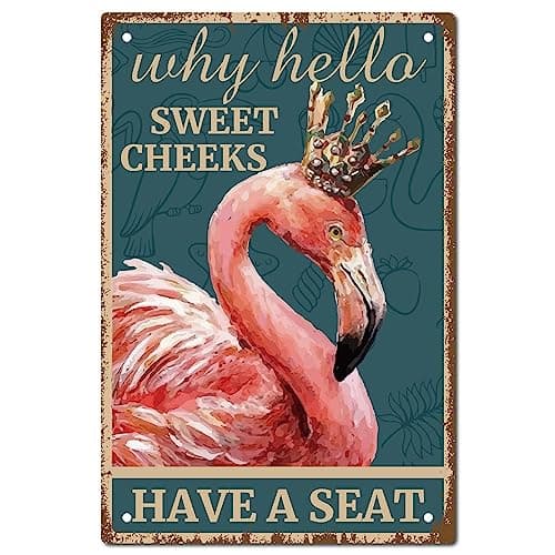 Image of CREATCABIN Flamingo Vintage Sign Metal Tin Sign Wall Art Decor Why Hello Sweet Cheeks Retro Painting Poster Plaque Decor for Bathroom Kitchen Cafe Wall Halloween 12 x 8 Inch