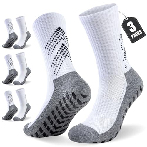 Image of Niorasen 3 Pairs Grip Socks, Anti-Slip Football Sports Socks for Men Women Cushion Wicking Breathable Athletic Sock Slipper for Soccer Basketball Running Rugby Yoga Walking Hiking Cricket (White-L)