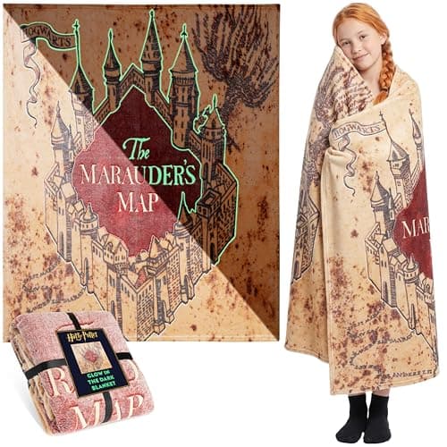 Image of Harry Potter Glow in The Dark Blanket 130x150cm, Marauder’s Map Fleece Throw Blanket Sofa & Bed, Warm Cosy & All Season, Soft & Lightweight Throw