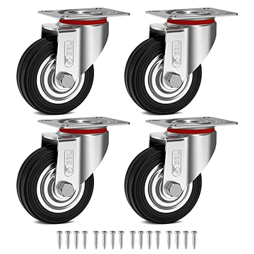 Image of GBL Heavy Duty Castor Wheels + Screws - 75mm Up to 200kg - 4 Pack No Floor Marks Silent Castor for Furniture - Rubber Covered Trolley Wheels - Silver Casters