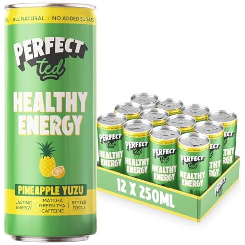 Image of PerfectTed Pineapple Yuzu Healthy Energy Drink, 12 x 250ml Cans, All-Natural Green Tea Caffeine (80mg) & L-Theanine | Ultra Low Calorie (13KCAL) | Vegan | Gluten-Free