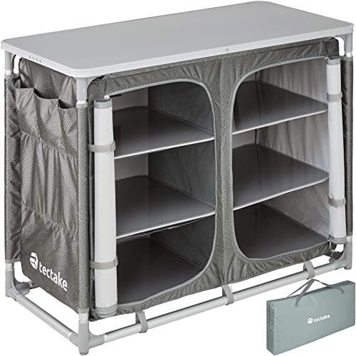 Image of tectake® Portable Camping Kitchen with 6 Internal Shelves, 3 External Pockets, Worktop & Zipped Door - Kitchen & Outdoor Storage Cupboard with Lightweight Aluminium Frame, Incl. Carry Bag - Grey