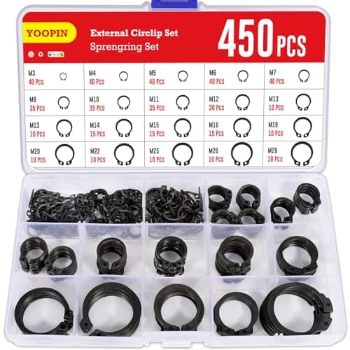 Image of YOOPIN 450PCS Circlips Assorted Kit, Steel C-Clips, (19 Sizes) M3-M28 Snap Ring Assortment Set, External Circlip for Fixing Axles, Bearings and Moving Parts
