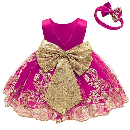 Image of CMMCHAAH 0-6 Years Baby Girls Pageant Lace Embroidery Dresses Toddler Formal Dress with Headwear, Rose, 6-12 months