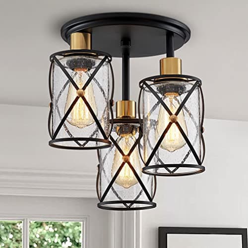 Image of WUZUPS Chandelier Semi Flushmount Industrial 3-Light Ceiling Light Fixture Clear Seeded Glass Shade for Entryway Porch Foyer Kitchen Dining Room Bathroom, W29 H34, E27 Base Black with Brass