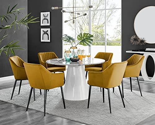 Image of Furniturebox UK Palma White Marble Effect Round Dining Table & 6 Mustard Calla Black Leg Chairs