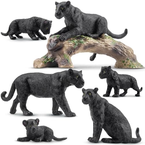 Image of toymany 7PCS Black Panthers Figurines with Cubs and Tree Trunk, Realistic Jungle Animals Figures Family Set, Wildlife Figure, Educational Toy Cake Toppers Christmas Birthday Gift for Kids Toddlers
