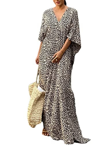 Image of Bsubseach Leopard Print Beach Kaftan Dress for Women Caftan House Dress Swimsuit Cover Ups for Swimwear Yellow