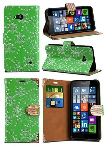 Image of Unbranded Compatible with Nokia Lumia 635 - Crystal Glitter Sparkle Diamond Encrusted Closure Tab Wallet Flip Case Cover with Integrated Stand in GREEN with Screen Protector