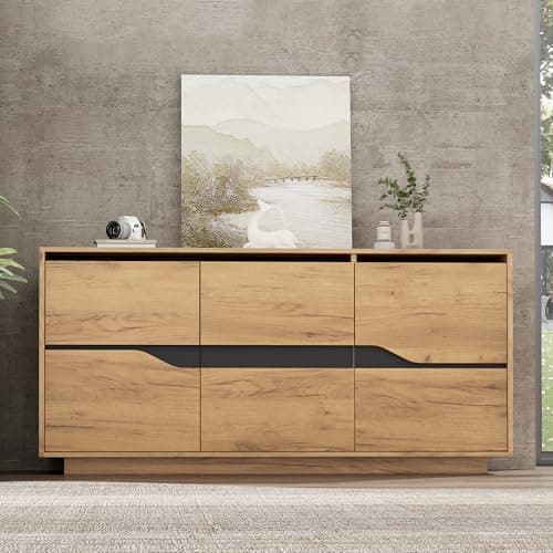 Image of FammyLoft Modern Vintage Sideboard Cabinet with Storage, Wooden Buffet Cabinet with 3 Doors and Adjustable Shelves, Large Storage Unit for Living Room, Bedroom, Kitchen or Hallway, 140 * 40 * 70cm