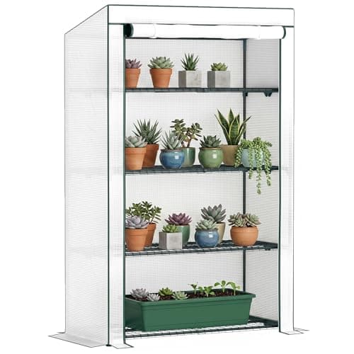 Image of Outsunny 4 Tier Lean-to Mini Greenhouse with Reinforced PE Cover, Portable Small Greenhouse with Roll-Up Door, Green Hemmed Edging, 110 x 50 x 171cm, Green