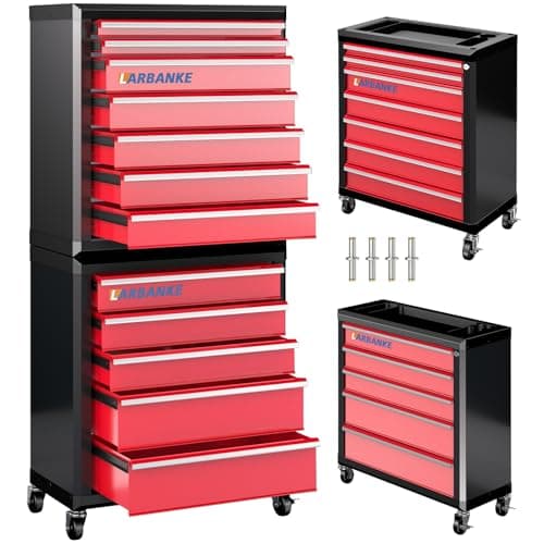 Image of LARBANKE 12-drawer tool Chest, with Locking System, Multi-Functional Top & Two Units Each with 4 Swivel Casters. Includes connecting rods for combined or separate use.