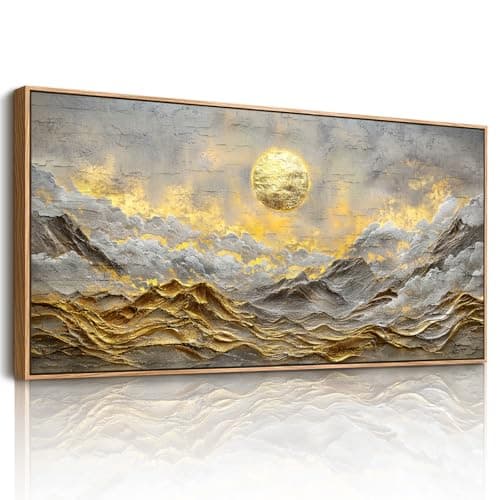 Image of hyidecorart Canvas Wall Art, Large Framed Golden Pictures for Sunrise, Nature Mountain Painting, Modern Landscape Wall Decorations for Gallery Bedroom Living Room Office Hallway 20"x40"