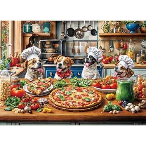 Image of Puzzles 1000 Pieces for Adults Jigsaw Puzzle Challenging Game for the Whole for Women, Gifts for Men, Theme: Dogs' Pizza Meal