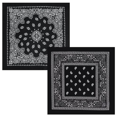 Image of AuraFusion Bandana – 2-Piece Set Black Paisley Pattern Bandanas, 22x22 Inches Cotton Bandanas for Men & Women, Versatile as Headband, Neck Scarf or Face Covering