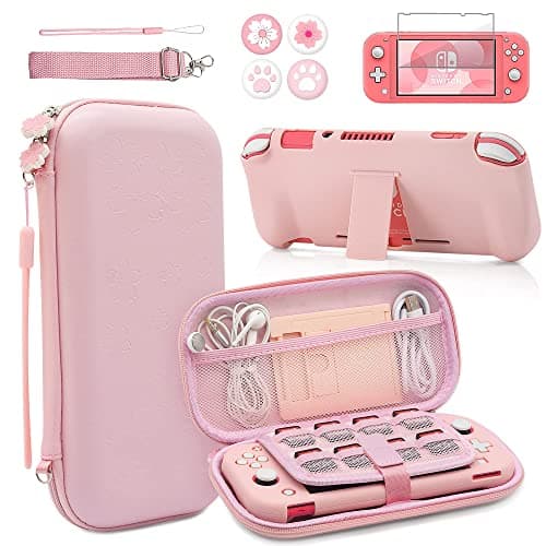 Image of BRHE Pink Travel Carrying Case Accessories Kit for Switch Lite, Hard Protective Cover Skin Shell with Stand, Glass Screen Protector, Thumb Grip Caps 9 in 1