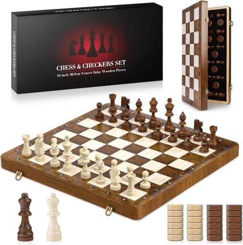 Image of 40.5×40.5cm Magnetic Chess Set, Large Wooden Chess Board with Wooden Staunton Pieces & Checkers, Folding Travel Board Games with 2 Bonus Queens, Gift for Kids & Adults