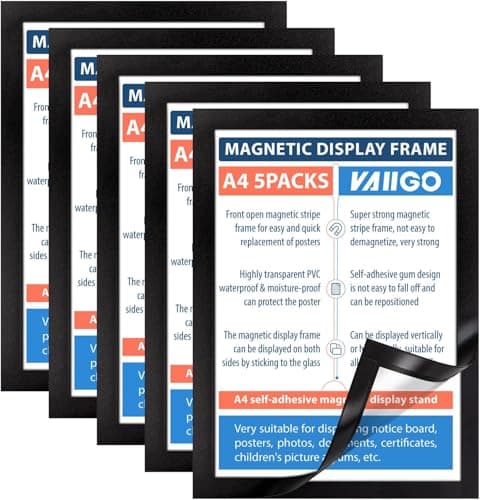 Image of VAIIGO A4 Self Adhesive Magnetic Display Frame, Magnetic Paper Holder for License, Photos, Documents (5Pack, Black)