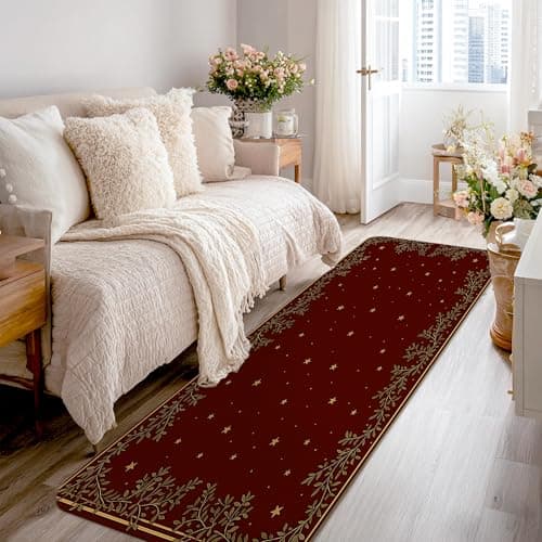 Image of Stars Runner Rug, Christmas Elegant Leaves Branches Christmas Burgundy Non-Slip Soft Rectangle Carpet Stain Resistant for Kitchen Laundry Room Doorway Entryway Decor 2x8 Ft