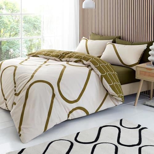 Image of Catherine Lansfield Linear Curve Geometric Reversible Double Duvet Cover Set with Pillowcases Olive Green