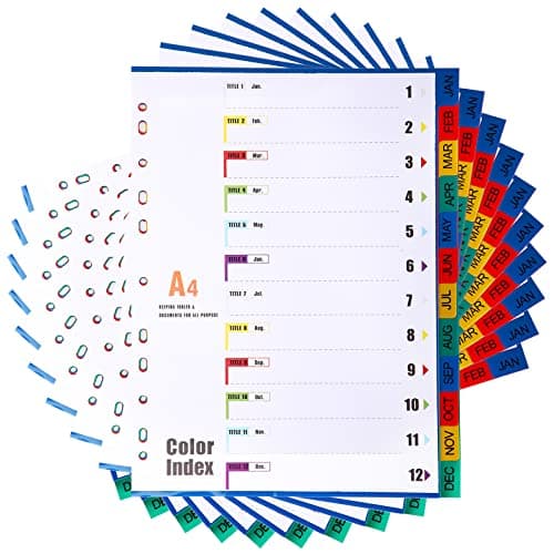 Image of [10 Pack] Index A4 File Dividers 12 Part Jan-Dec, A4 Plastic Subject Dividers Reinforced 11-Hole Multi-Colour Index Month Tabs for Office School Home Use