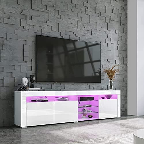 Image of High Gloss White TV Stand Unit Cabinet with LED Lights 180CM, Modern Living Room Furniture with 3 Doors & 7 Open Shelves, Stylish Storage Solution for TVs up to 70 Inch