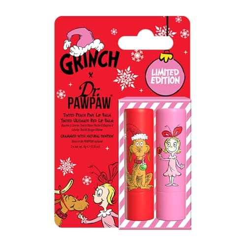 Image of Dr.PAWPAW x The Grinch Peach Pink and Ultimate Red Balm Duo 2 x 4g, Tinted Pawpaw Lip Care Set, Vegan Hydrating and Nourishing Balms, Stocking Stuffer Gift Set