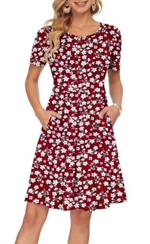 Image of AUSELILY Womens Summer Dress Casual Bodycon Short Sleeve Pleated Loose Swing Casual Dress with Pockets Knee Length Red Flowers M