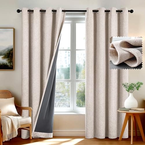 Image of Deconovo Soft 100% Blackout Curtains Faux Linen Look Window Treatment Windproof Eyelet Thermal Curtains with TPU Coating for Bedroom, Linen, W46 x L54 Inch 2 Panels