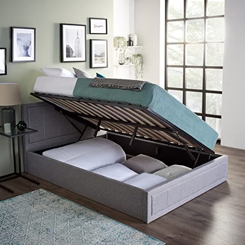 Image of Home Treats Side Lift Up Bed Upholstered Double | Grey Fabric Ottoman Bed Frame With Under Bed Storage 4ft6 (Double, No Mattress)