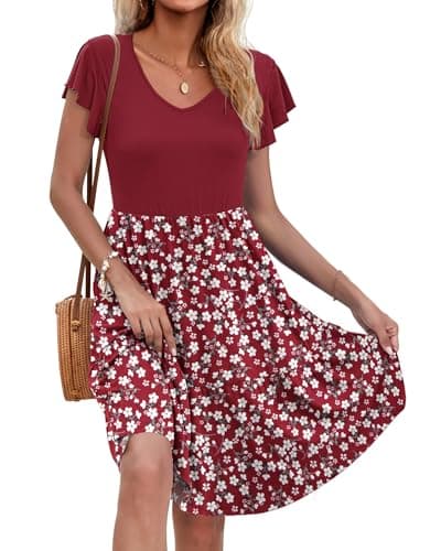Image of AUSELILY Women Summer Dress Ruffle Petal V-Neck Sundress Short Sleeve Casual Dress with Pockets Red Flowers Red S