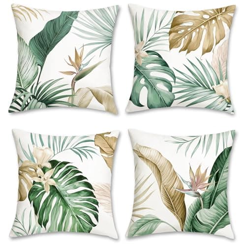 Image of Bonhause Tropical Leaves Cushion Covers 45 x 45 cm Green Brown Leaf Decorative Throw Pillow Covers Soft Velvet Pillowcases for Sofa Bed Home Garden Patio Summer Decor Set of 4
