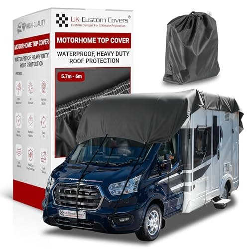 Image of Motorhome Roof Cover – Top Protector with Straps & Storage Bag, Waterproof, UV Proof, Breathable – 150D Polyester PU Coated, Durable & Soft on Paintwork by UK Custom Covers (Size 5.7-6m, Dark Grey)