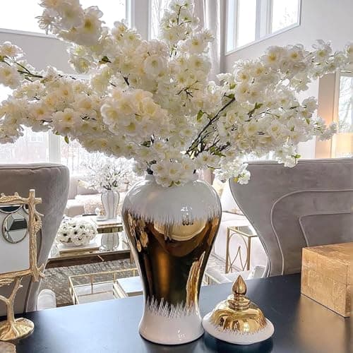 Image of Large Vintage White Gold Ceramic Ginger Jar Vase for Home Decor, Modern Porcelain Chinoiserie Ceramic Ginger Jars Vase with Lid Dining Table Wedding (White Gold 7.1″×14″)