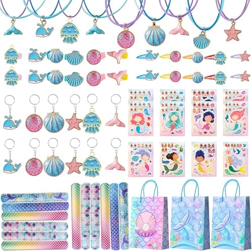 Image of Mermaid Party Favours, 84pcs Mermaid Theme Party Favors Set-Mermaid Loot Bags Hair Clips Stickers Slap Bracelets etc Mermaid Birthday Party Favors for Girls Mermaid Birthday Decorations Supplies