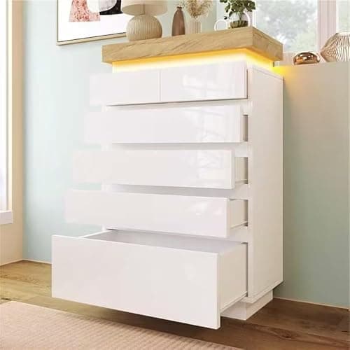Image of BTM 6 Drawer Chest of Drawers, High-gloss Sideboard Cabinet with 6 Drawers, White Sideboard with RGB LED(App-controlled) for Living Room and Bedroom, 115x73x39cm