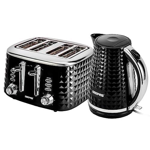 Image of GEEPAS Argyle 4 Slice Bread Toaster & 1.7L Cordless Electric Kettle Combo Set with Textured Design | 1750W Toastie Machine 7 Browning Control | 2200W Kettle Auto Shut Off & Boil Dry Sensor | Black