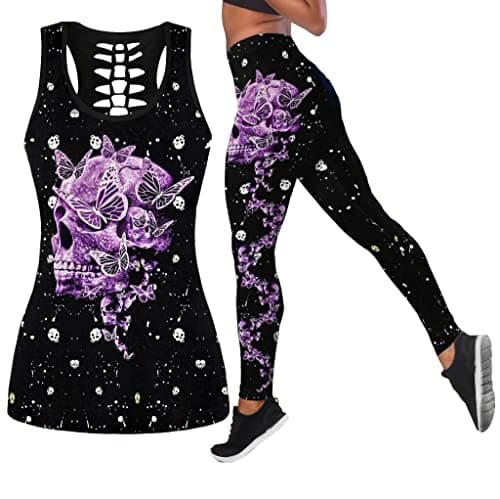 Image of DRZHEAM Women’s Sugar Skull Yoga Outfits for Women 2 Piece Sets, Halloween Tank Tops Leggings Fall Activewear for Girls (XL)