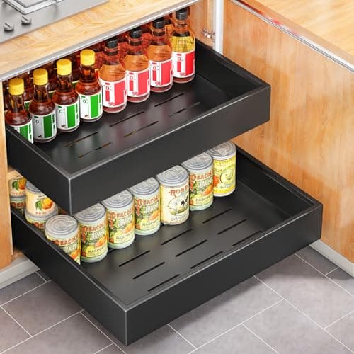 Image of SAYZH Pull Out Cabinet Organizer, Slide Out Drawer Storage Shelves for Kitchen Cupboard, Roll-Out Extendable Sliding Drawer, (43 CM Depth x 40 CM Width x 9CM Height)，No Need Drill and Nailing (Black)