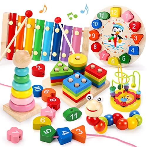 Image of REMOKING 6 in 1 Wooden Montessori Toys for Toddlers Age 1–3, Shape Sorting, Stacking, Colour & Number Learning Toy Set with Xylophone and Clock, Educational Wooden Toys for Boys and Girls