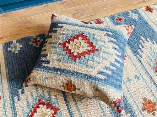 Image of Second Nature Online - Mala Kilim Cushion Cover | Ethnic Throw Pillow Cover | Geometric Pattern Design | Handmade | 80% Wool & 20% Cotton | 50x50 cm (Blue)
