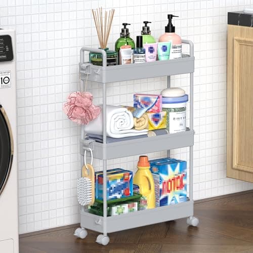 Image of SOLEJAZZ 3-Tier Storage Trolley Cart Slide-out Slim Rolling Utility Cart Mobile Storage Shelving Organizer for Kitchen, Bathroom, Laundry Room, Bedroom, Narrow Places, Plastic, Grey