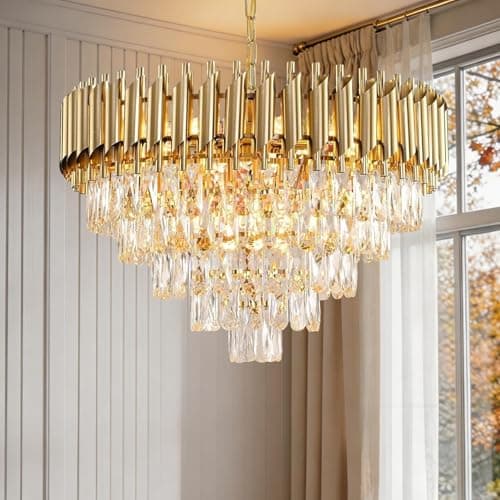 Image of MSSIAN Gold 5-Tier Raindrop K9 Modern Crystal Chandelier, 12-E14 Socket Pendant Ceiling Fixture, Luxury Hanging Lighting for Dining Living Room Bedroom Entryway W60CM