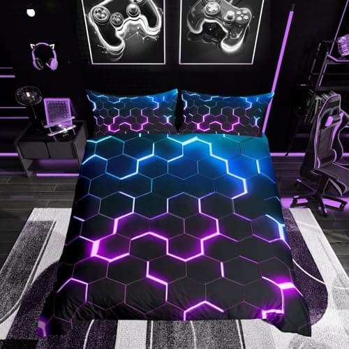 Image of Homewish Single Duvet Cover Set for Kids Adults, Honeycomb Bedding Set for Teenage Boy, Blue Purple Gradient Duvet Cover for Girls Women, Cool Geometric Black Bedding, Modern Home Decor 2Pcs