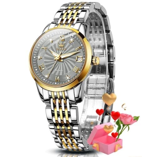 Image of OLEVS Women Automatic Watch Diamond Mechanical Self Winding Fashion Elegant Dress Wrist Watch Luminous Waterproof Stainless Steel Date, 6630:Two tone band&Grey dial, Classic